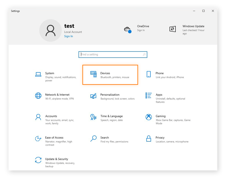 Opening the Devices settings in Windows 10